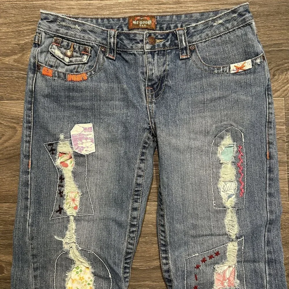Be Good Size Large Patchwork Embroidered Denim Distressed Flare Jeans Y2K 00s